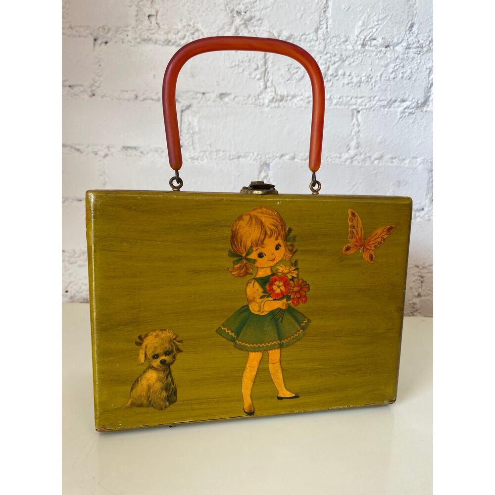vintage 1960s box purse novelty print decoupage girl butterfly puppy squirrel